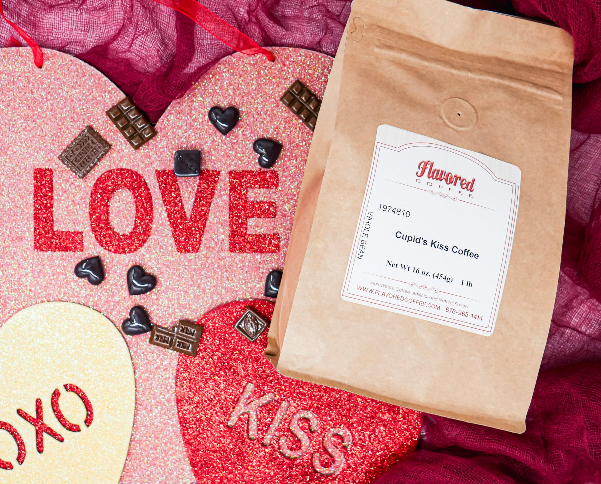 Flavored Coffee coffee bag with Valentine's Day-themed decorations