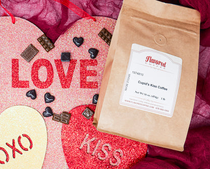 Flavored Coffee coffee bag with Valentine's Day-themed decorations