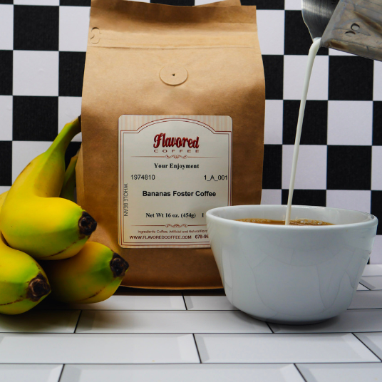 Bag of Flavored Coffee with 'Bananas Foster' flavor, a cup of coffee being poured, and bananas on a checkered background.