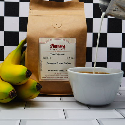 Bag of Flavored Coffee with 'Bananas Foster' flavor, a cup of coffee being poured, and bananas on a checkered background.