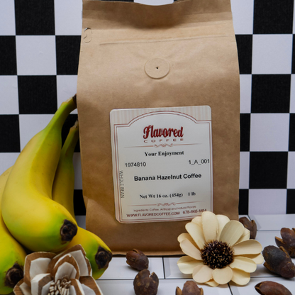 Brown coffee bag with a label on a checkered background with bananas and flowers.