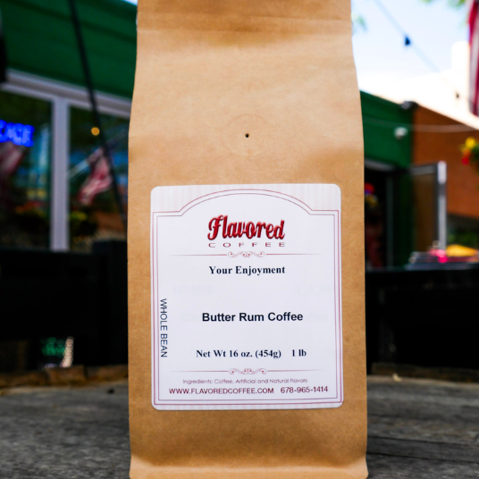 Bag of Flavored Coffee with a label on a blurred street background