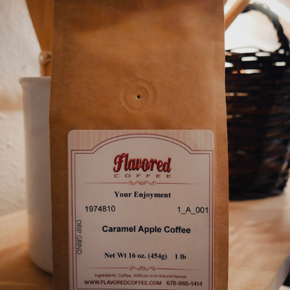 Coffee bag with 'Flavored Coffee' label on a wooden surface