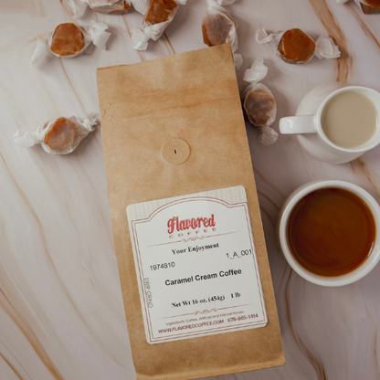 Flavored Coffee package with a cup of coffee and caramel cream candies on a light wooden surface