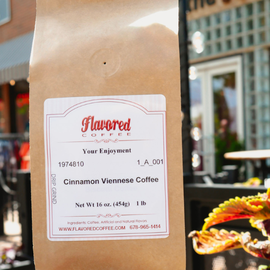 Coffee bag with a label on a blurred street background
