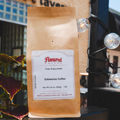 Bag of Flavored Coffee Company Edelweiss Coffee on a table with outdoor background