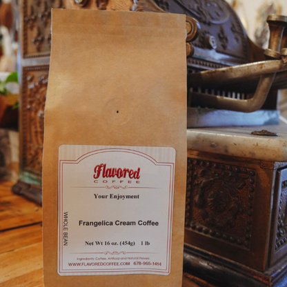 Coffee bag labeled 'Flavored Coffee' with an antique coffee grinder in the background