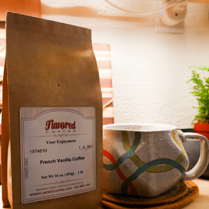 Bag of Flavored Coffee with a mug on a wooden surface