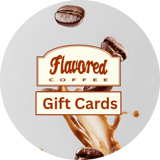 Flavored coffee gift cards with coffee beans and a coffee splash on a white background