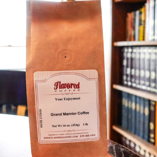 Coffee bag labeled 'Flavored Coffee' with a bookshelf in the background