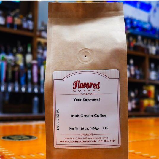 Bag of Flavored Coffee with a label on a blurred bar background