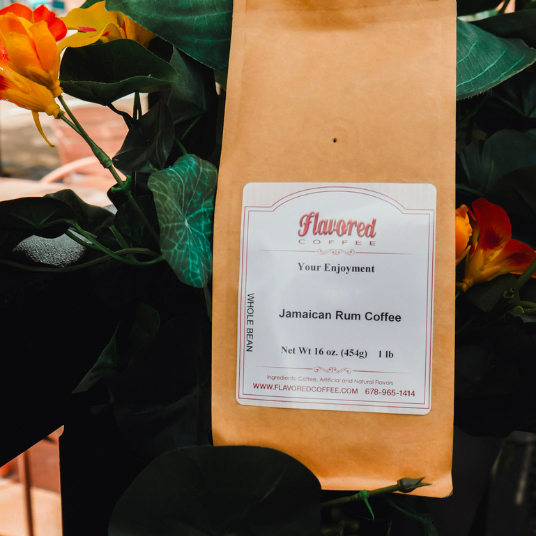Coffee bag labeled 'Flavored Coffee' with a floral background