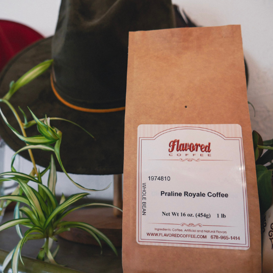 Bag of Flavored Coffee with a label on a blurred background