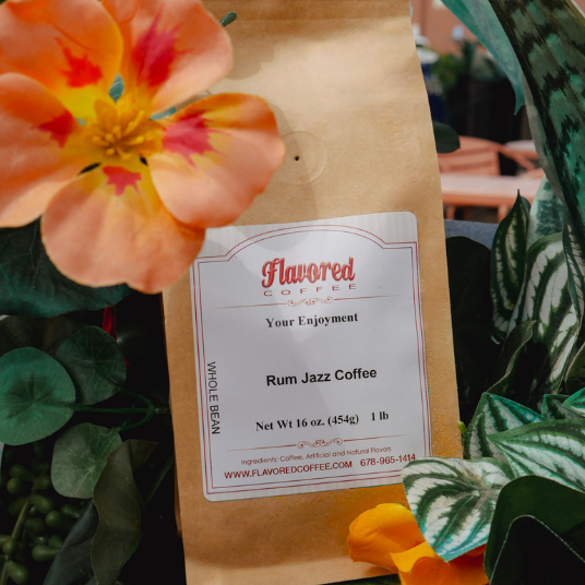 Flavored Coffee coffee bag with a flower in the foreground