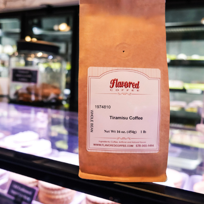 Bag of Flavored Coffee with a label in a store setting