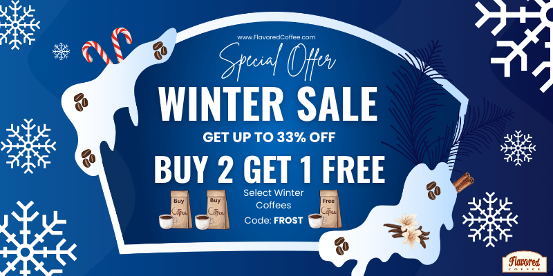 Winter themed banner with blue background and snowflakes.  The text reads Special Offer Winter Sale - get up to 33% off - buy 2 get 1 free on select winter coffees. Code: FROST