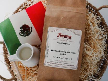 Brown coffee bag labeled 'Flavored Coffee' with a Mexican flag in the background