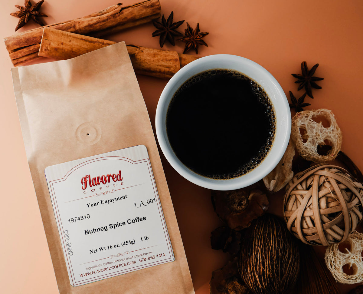 Nutmeg spice coffee package with a cup of coffee and spices on a peach background
